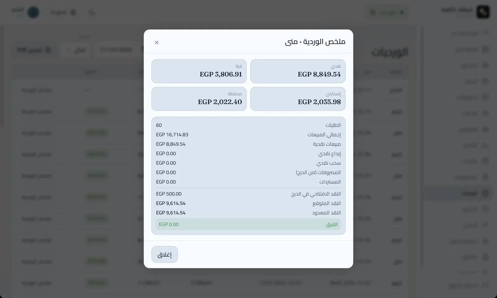 Shift summary with sales by payment method